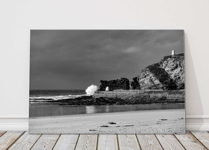 Portreath Harbour stormy black and white canvas picture print