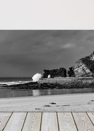 Portreath Harbour stormy black and white canvas picture print