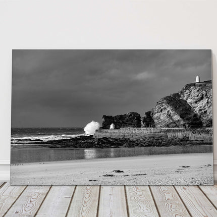 Portreath Harbour stormy black and white canvas picture print