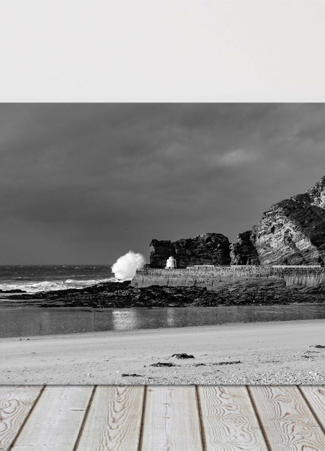 Portreath Harbour stormy black and white canvas picture print