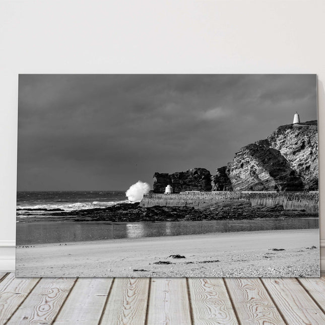 Portreath Harbour stormy black and white canvas picture print