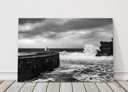 Portreath Harbour Cornwall Black and white stormy day, seascape canvas picture