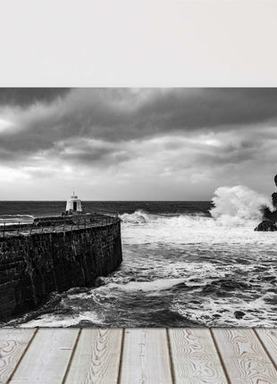 Portreath Harbour Cornwall Black and white stormy day, seascape canvas picture