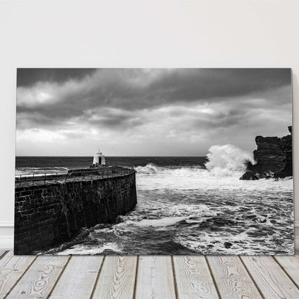 Portreath Harbour Cornwall Black and white stormy day, seascape canvas picture