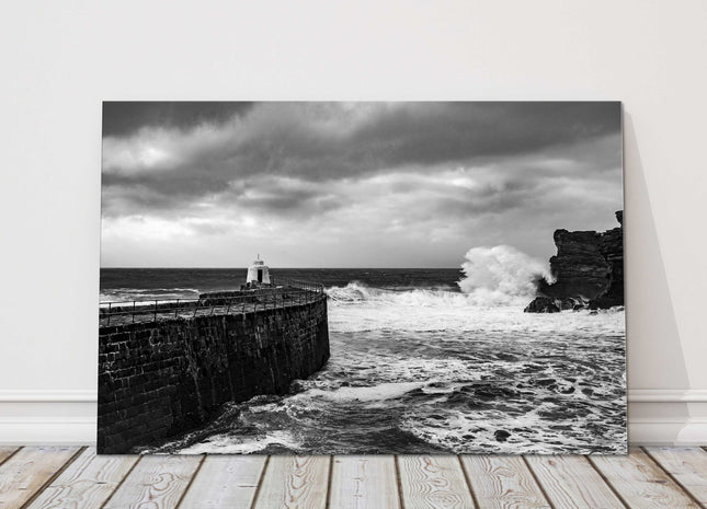 Portreath Harbour Cornwall Black and white stormy day, seascape canvas picture