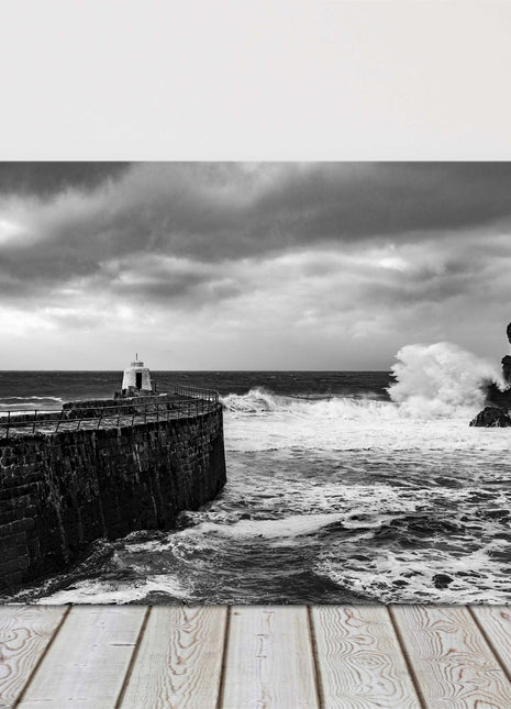 Portreath Harbour Cornwall Black and white stormy day, seascape canvas picture