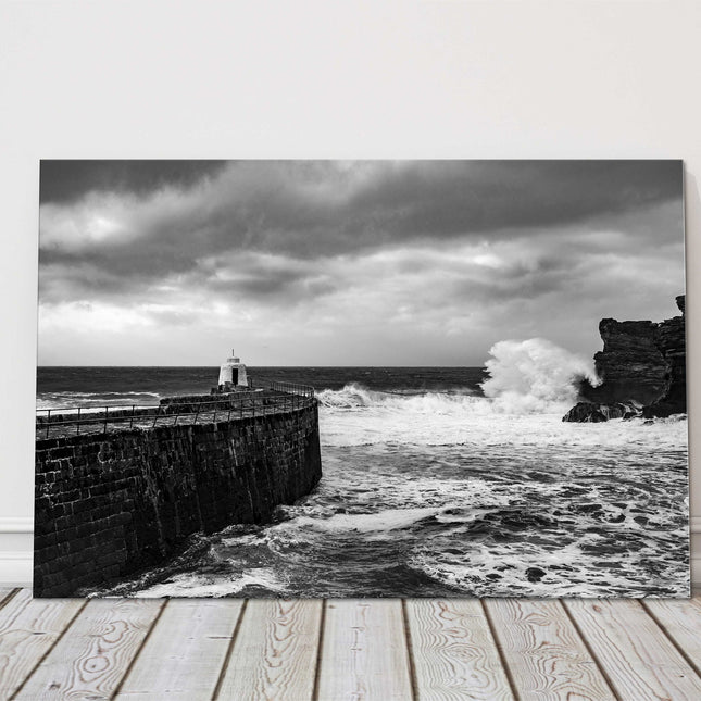 Portreath Harbour Cornwall Black and white stormy day, seascape canvas picture