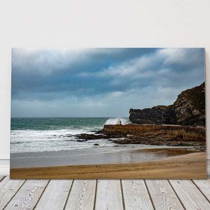 Portreath beach and harbour on a stormy day, Cornwall seascape canvas picture