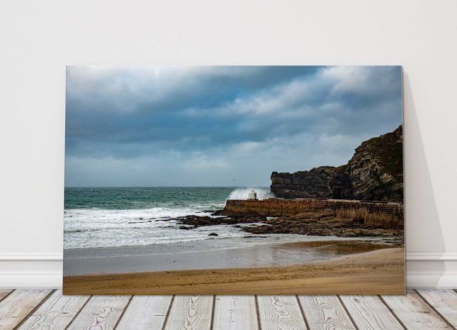 Portreath beach and harbour on a stormy day, Cornwall seascape canvas picture