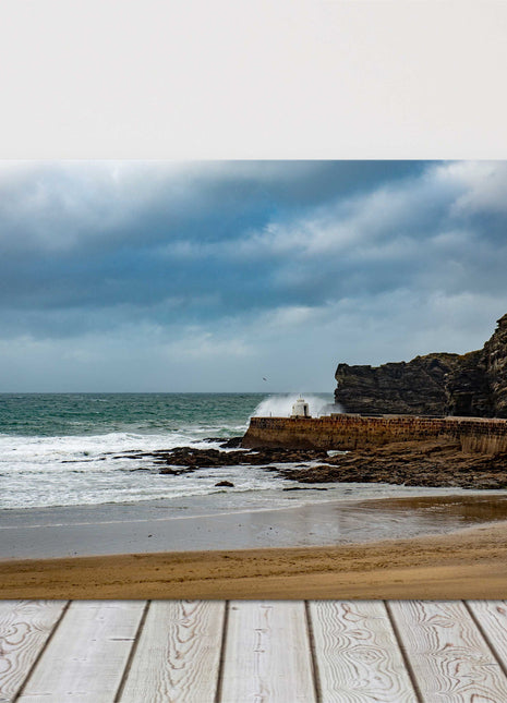 Portreath beach and harbour on a stormy day, Cornwall seascape canvas picture