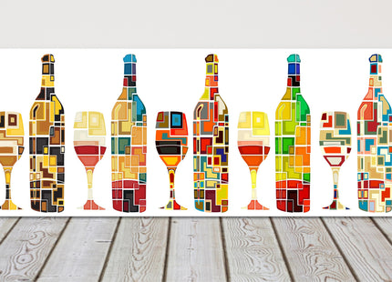 Wine wall art Mosaic design, bottles and glasses. Panoramic canvas picture print
