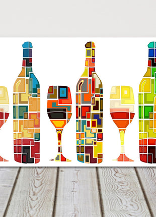 Wine wall art Mosaic design, bottles and glasses. Panoramic canvas picture print