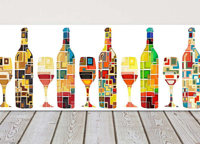 Wine wall art Mosaic design, bottles and glasses. Panoramic canvas picture print