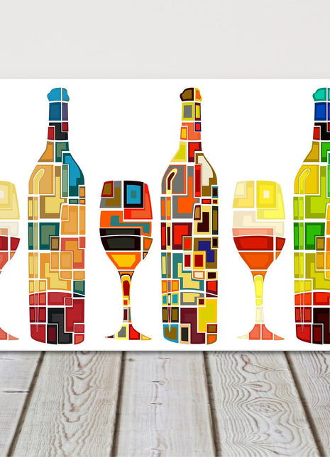 Wine wall art Mosaic design, bottles and glasses. Panoramic canvas picture print