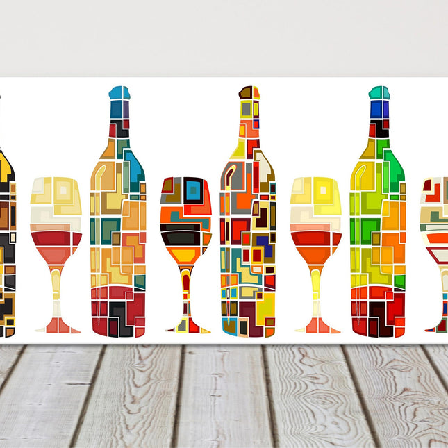 Wine wall art Mosaic design, bottles and glasses. Panoramic canvas picture print
