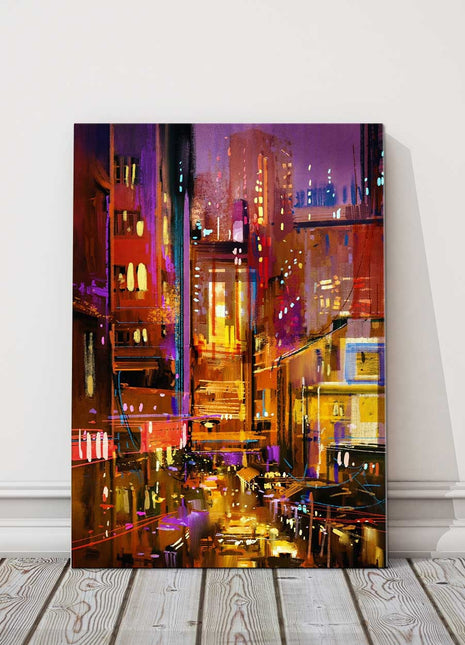Colourful city night scene, canvas picture print. Modern style canvas picture