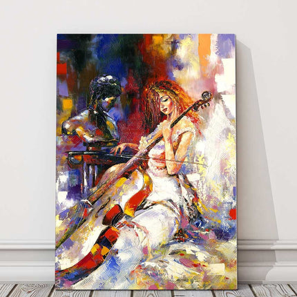 Girl playing a violoncello, oil painting printed canvas picture.