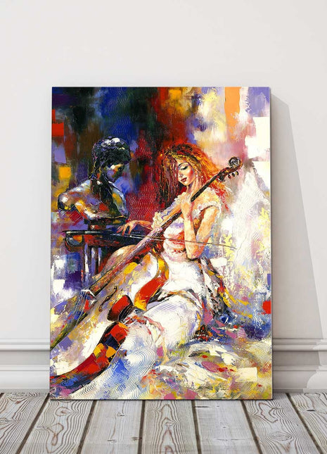 Girl playing a violoncello, oil painting printed canvas picture.