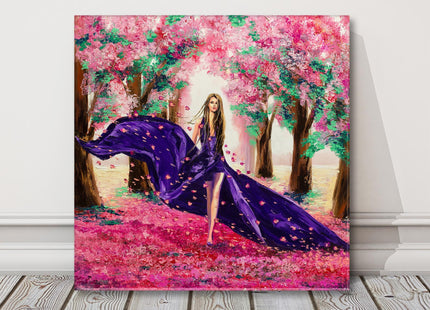 Lady walking through cherry blossom forest. Canvas picture print