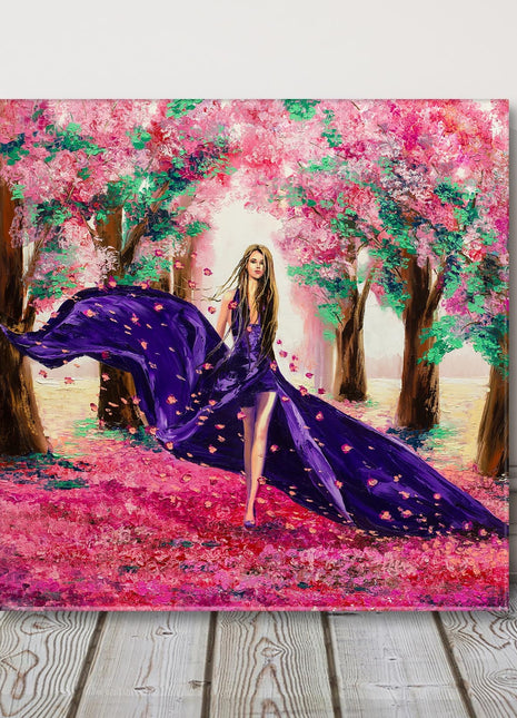 Lady walking through cherry blossom forest. Canvas picture print