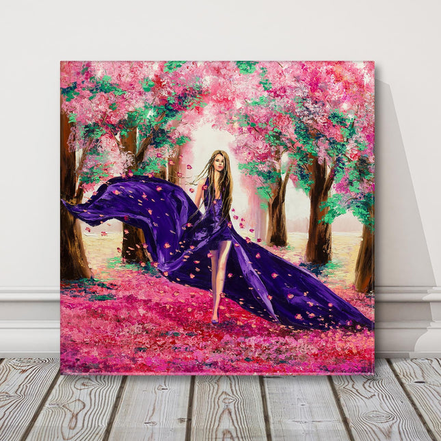 Lady walking through cherry blossom forest. Canvas picture print