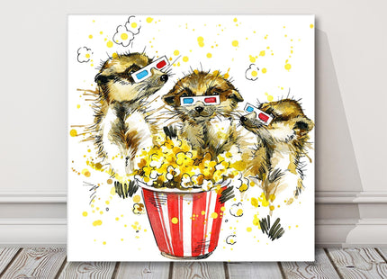 Meerkats eating popcorn watercolour, canvas picture print. A choice of sizes available. Funny alternative Wall Art