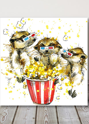 Meerkats eating popcorn watercolour, canvas picture print. A choice of sizes available. Funny alternative Wall Art