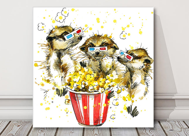 Meerkats eating popcorn watercolour, canvas picture print. A choice of sizes available. Funny alternative Wall Art