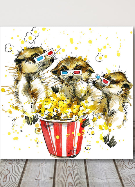 Meerkats eating popcorn watercolour, canvas picture print. A choice of sizes available. Funny alternative Wall Art