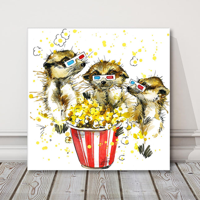 Meerkats eating popcorn watercolour, canvas picture print. A choice of sizes available. Funny alternative Wall Art