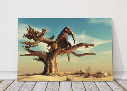 Elephant in a tree. Printed as a canvas picture print.