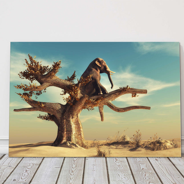 Elephant in a tree. Printed as a canvas picture print.