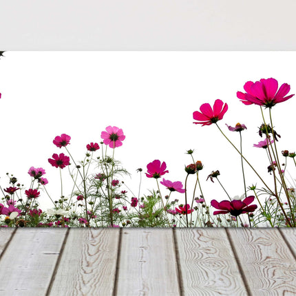Pink wild flowers on a white background, panoramic canvas picture print. Vibrant