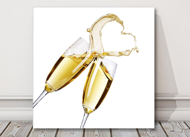 Champagne flutes, love heart, canvas picture print.