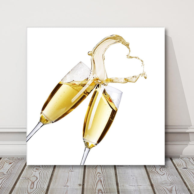 Champagne flutes, love heart, canvas picture print.