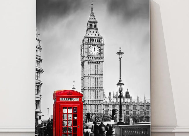 Big Ben in London. Black and white with colour phone box. Canvas picture print.
