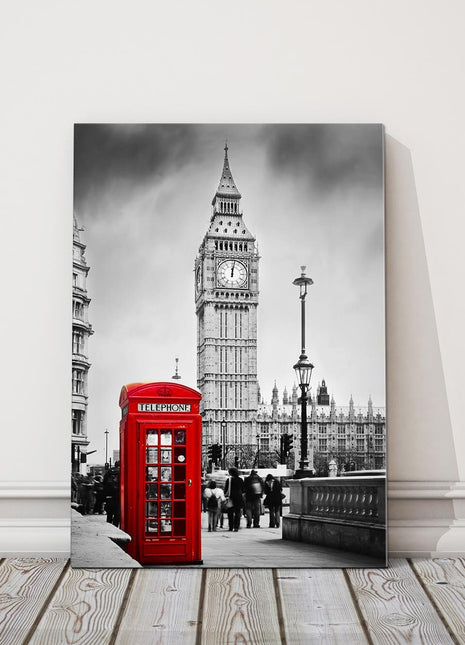 Big Ben in London. Black and white with colour phone box. Canvas picture print.