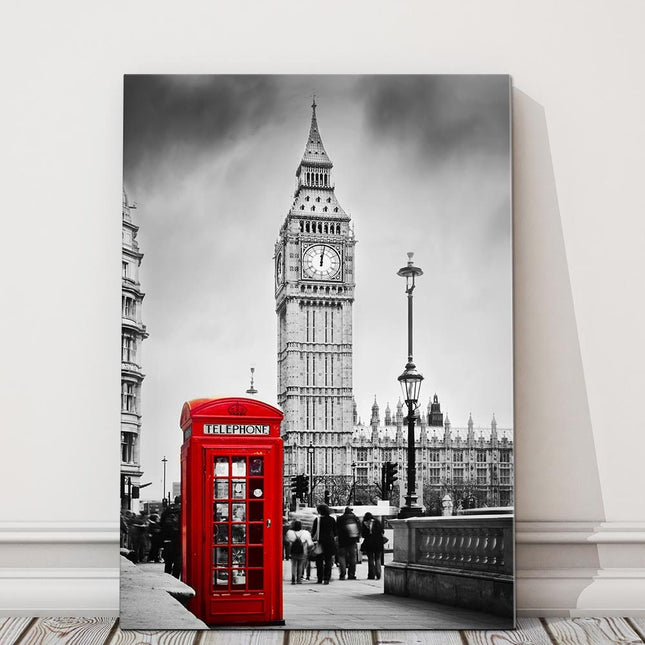 Big Ben in London. Black and white with colour phone box. Canvas picture print.