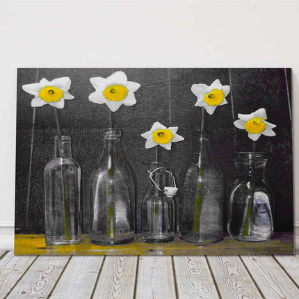 Daffodils in bottles art canvas picture print