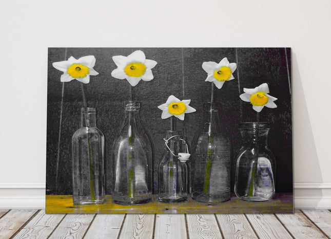 Daffodils in bottles art canvas picture print
