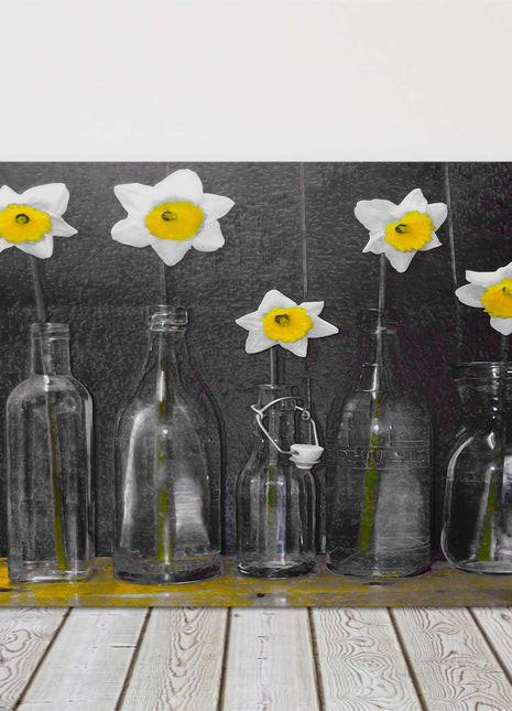 Daffodils in bottles art canvas picture print