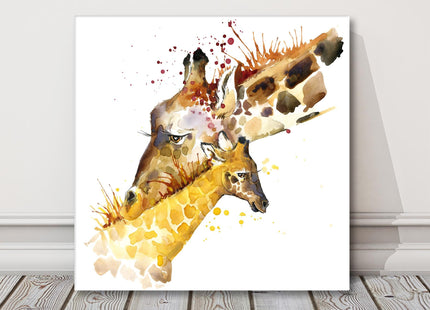 Giraffe cuddles art paint splash painting white background canvas picture print