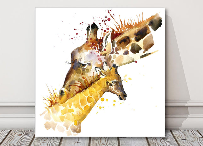 Giraffe cuddles art paint splash painting white background canvas picture print