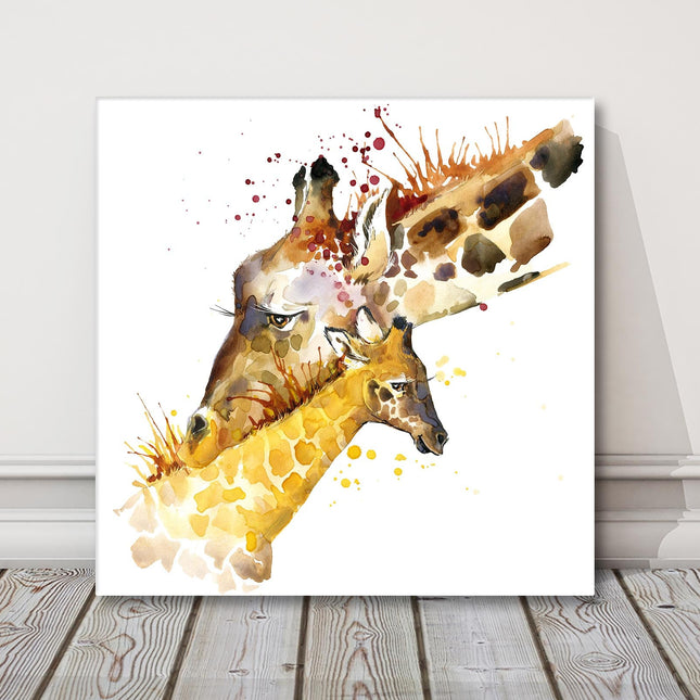Giraffe cuddles art paint splash painting white background canvas picture print
