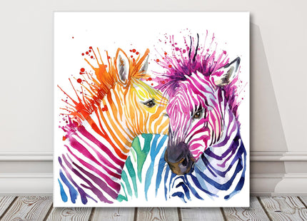 Zebras, bright watercolour splash effect, canvas picture print.