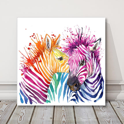 Zebras, bright watercolour splash effect, canvas picture print.