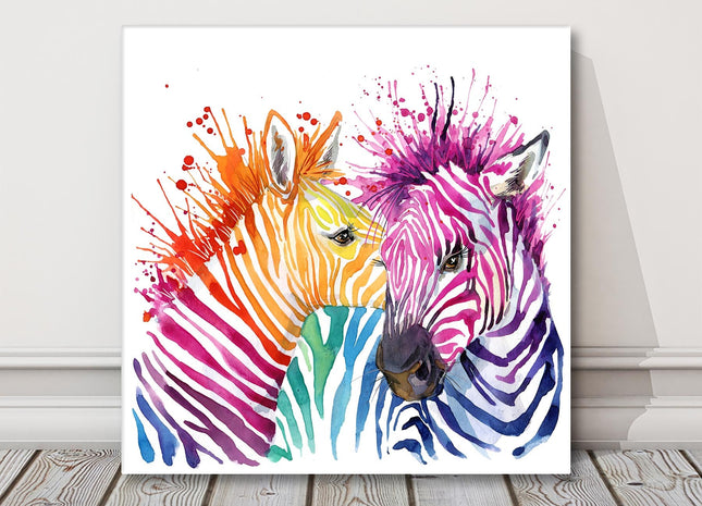 Zebras, bright watercolour splash effect, canvas picture print.