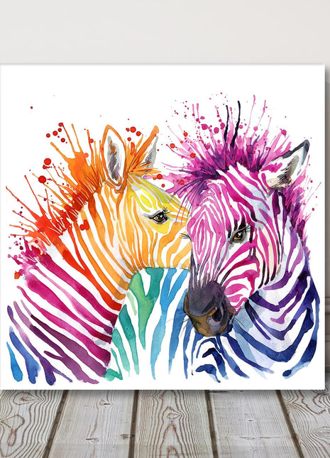 Zebras, bright watercolour splash effect, canvas picture print.