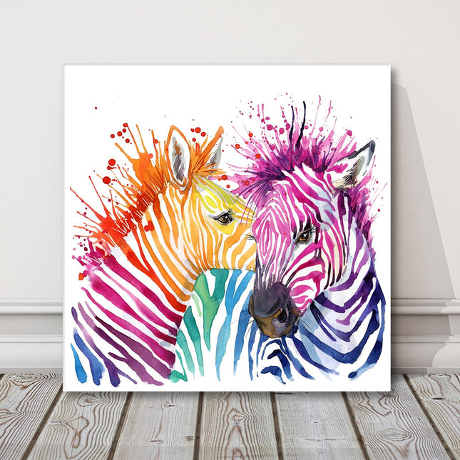 Zebras, bright watercolour splash effect, canvas picture print.