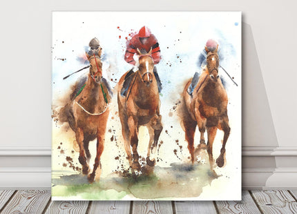 Watercolour painting of Race Horses and Jockeys in motion. Wall art square